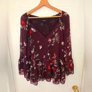 XL Le Chateau Women's Floral Peplum Lightweight Sheer Burgundy Purple Top Blouse